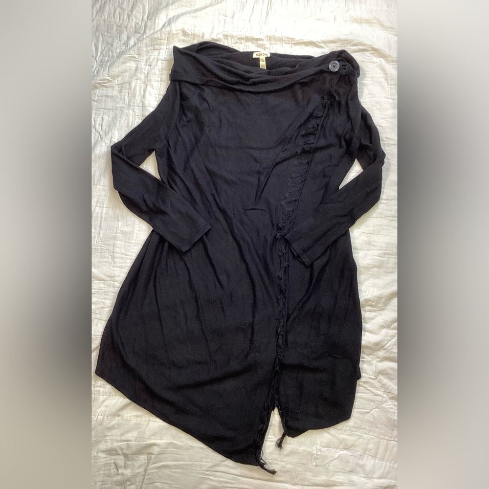 Matilda Jane Come On Over Wrap Fringed Cardigan Sweater Black Small
